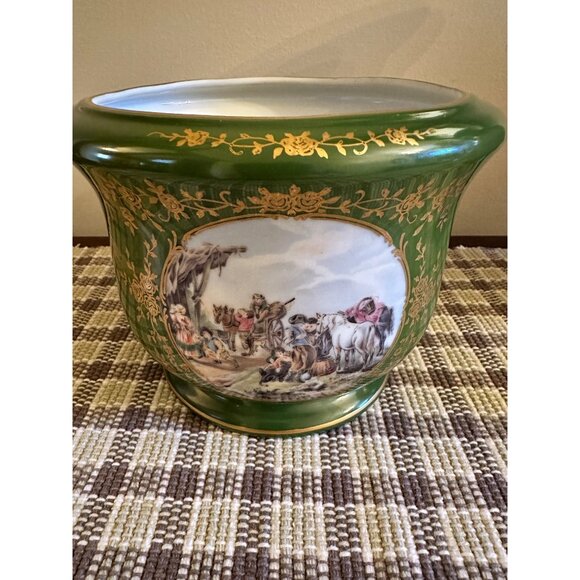 French Style Decor Andrea by Sadek Green Porcelain Planter w/ Gold Floral Trim - Picture 2 of 11